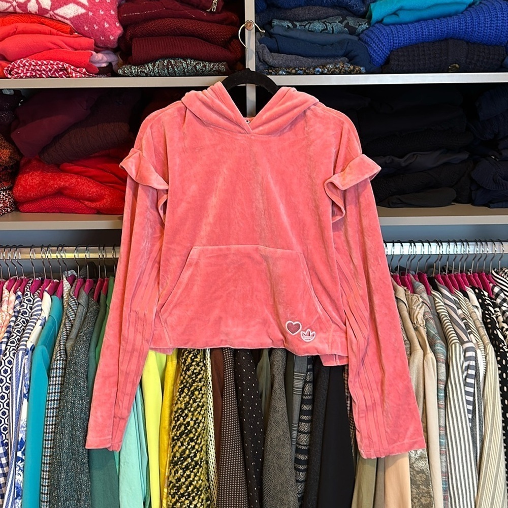 Adidas pink velour ruffled shoulder long sleeve hoodie size S